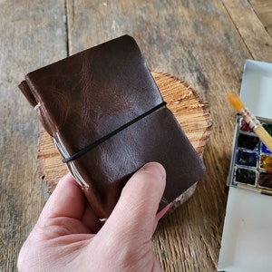 Mini Watercolor Leather Sketchbook . 4 x 2.75 . portrait . dark brown leather . Fabriano Artistico hotpress 100%cotton 31 pages image 2