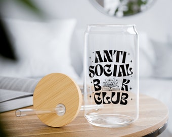 Anti Social Book Club Glass Tumbler | Glass Cup with Straw | Reusable Coffee Cup with Lid | Glass Can | Iced Coffee Tumbler