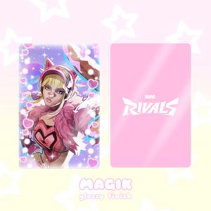May include: A trading card featuring a character illustration with a pink and purple color scheme. The card's front displays a character with blonde hair and a pink outfit, while the back has the "Marvel Rivals" logo. The text "MAGIK" and "glossy finish" are at the bottom.