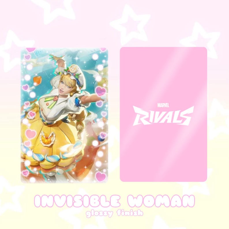 May include: A glossy trading card featuring the Invisible Woman from Marvel Rivals. The front of the card displays a colorful illustration of the character in a yellow dress. The back of the card is pink with the Marvel Rivals logo.