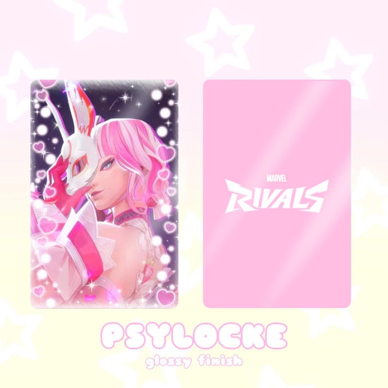 May include: A glossy card featuring a character illustration with pink hair and a white mask, surrounded by hearts. The card's back is solid pink with the "Marvel Rivals" logo. The word "PSYLOCKE" is written at the bottom.