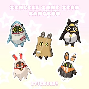 May include: A collection of cartoon stickers featuring characters from "Zenless Zone Zero Bangboo." The stickers include a shark, penguin, paper bag, and two bunny-like creatures. The word "STICKERS!" is written at the bottom.