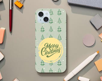 Merry Christmas Phone Case - Rustic Evergreen Design - Seasonal iPhone Charm