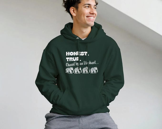 Funny LDS Hoodie: 'Honest. True. Chased by an Elephant' - Whimsical Scripture Spoof for Young Faith