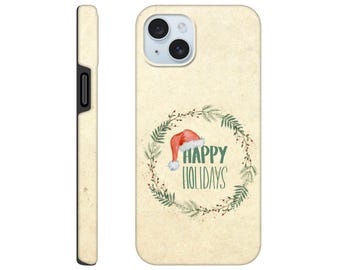 Happy Holidays Phone Case - Rustic Wreath & Santa Hat Design - Festive Holiday Bling