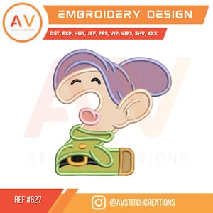 Dopey Dwarfs Number Two. Applique Design. Machine Embroidery File, 4x4, 5x7, 8x8 Hoop Sizes.