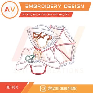 Puede incluir: Un diseño de bordado con un personaje de dibujos animados con sombrero y paraguas. El diseño está delineado en blanco y rojo, con el texto "EMBROIDERY DESIGN" en la parte superior. El diseño incluye el texto "DST, EXP, HUS, JEF, PES, VIP, VIP3, SHV, XXX".