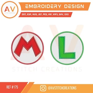 175 Mario & Luigi. Logo. Embroidery Applique. Machine Embroidery Design. Instant Download. 5 sizes. Hoop sizes 4x4. 5x7. 8x8.