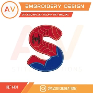 431 Spiderman Letra S. Apliques bordados. Bordado a máquina. Bordado de cumpleaños. 3 tamaños. Tamaños de aro 4x4. 5x7. 8x8.