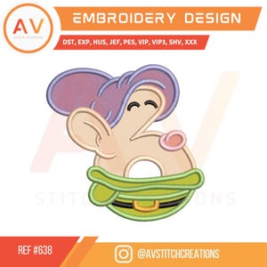 Dopey Dwarfs Number Six.  Applique Design. Machine Embroidery File, 4x4, 5x7, 8x8 Hoop Sizes.