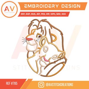 May include: Embroidery design featuring a lion and lioness in a line art style. The design includes the text "EMBROIDERY DESIGN" and file type abbreviations. The logo for AV Stitch Creations is in the upper left corner, and the reference number is #785.