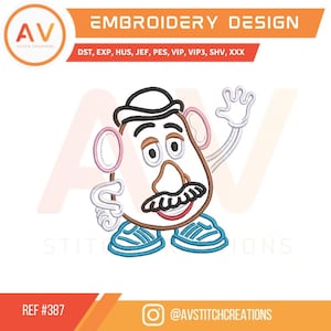 May include: Embroidery design featuring a cartoon character with a brown face, black mustache, and a hat. The design includes the text "EMBROIDERY DESIGN" and the logo of "AV STITCH CREATIONS". The design is for embroidery machines.