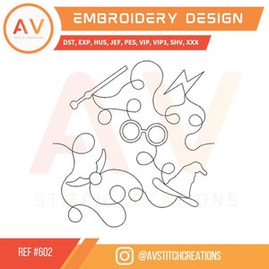 Puede incluir: Un diseño de bordado con una varita, gafas, un rayo, un sombrero seleccionador y una snitch. El diseño es de estilo de línea continua, con el texto "EMBROIDERY DESIGN" en la parte superior. El logotipo de AV Stitch Creations está en la esquina superior izquierda.