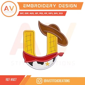 607 Cowboy Sheriff Letra U. Aplique de bordado. Bordado à máquina. Bordado de aniversário. 3 tamanhos. Tamanhos de bastidor 4x4,5x7,8x8.