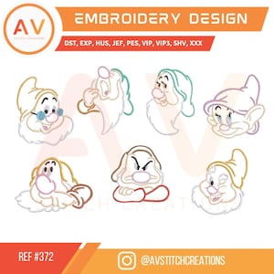 May include: Seven different embroidery designs of the seven dwarfs from the Disney movie Snow White and the Seven Dwarfs. Each dwarf has a different facial expression and is outlined in a different colour.