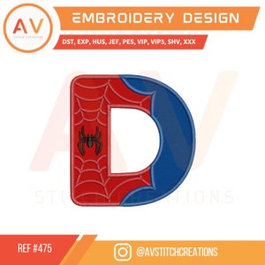 475 Letra D de Spiderman. Aplique bordado. Bordado a máquina. Bordado de cumpleaños. 3 tamaños. Tamaños de aro: 4 x 4, 5 x 7, 8 x 8.