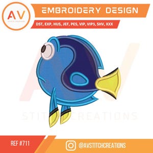 Dory Blue Tang – Applique Embroidery Design – Machine Embroidery File (4x4, 5x7, 8x8 hoops)