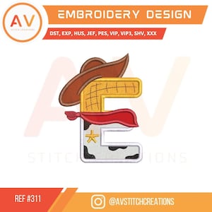 311 Sheriff vaquero Letra E. Toy Land. Apliques de bordado. Bordado a máquina. Bordado de cumpleaños. 3 tamaños. Tamaños de aro 4x4. 5x7. 8x8.