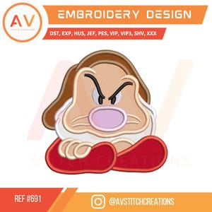 Grumpy – Seven Dwarfs. Applique Embroidery Design – Machine Embroidery File (4x4, 5x7, 8x8 hoops)