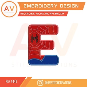 442 Spiderman Letra E. Apliques bordados. Bordado a máquina. Bordado de cumpleaños. 3 tamaños. Tamaños de aro 4x4. 5x7. 8x8.