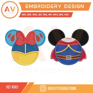 May include: Embroidery design featuring two cartoon character heads. One is Snow White-themed with a blue and yellow design and a red bow. The other is a superhero-themed design with a red cape and blue outfit. The text "EMBROIDERY DESIGN" is at the top.