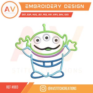 Spielzeug grünes Alien. Stickdatei. Maschinenstickdatei. 4x4, 5x7, 8x8 Hoop Größen.