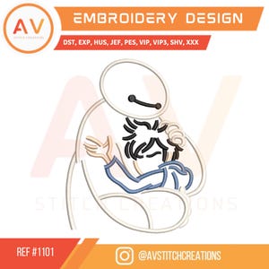 May include: Embroidery design featuring a cartoon character embracing another. The design includes the text "EMBROIDERY DESIGN" and file type abbreviations. The design is in white, black, and blue, with the logo "AV STITCH CREATIONS" and the reference number #1101.