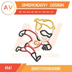 Könnte beinhalten: Stickdesign mit einem Cartoon-Superhelden in Laufpose. Das Design verwendet rote, schwarze, gelbe und beige Garne. Das Bild enthält den Text "EMBROIDERY DESIGN" und die Nummer "#547". Das Logo von AV Stitch Creations ist ebenfalls vorhanden.