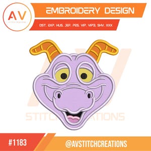 Op de afbeelding: Een borduurontwerp met een cartoongezicht in paars, geel en oranje. Het ontwerp bevat de tekst "EMBROIDERY DESIGN" en het logo van "AV STITCH CREATIONS". Het ontwerp is gelabeld met het nummer "#1183".