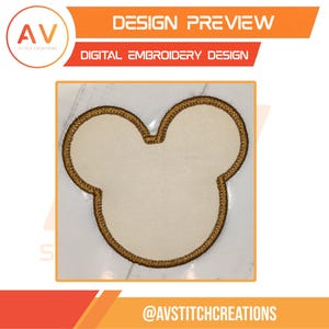May include: A blank, off-white fabric patch shaped like a mouse head with two rounded ears. The patch features a thick, dark gold embroidered border. The image includes the text DESIGN PREVIEW, DIGITAL EMBROIDERY DESIGN, and AVSTITCHCREATIONS.