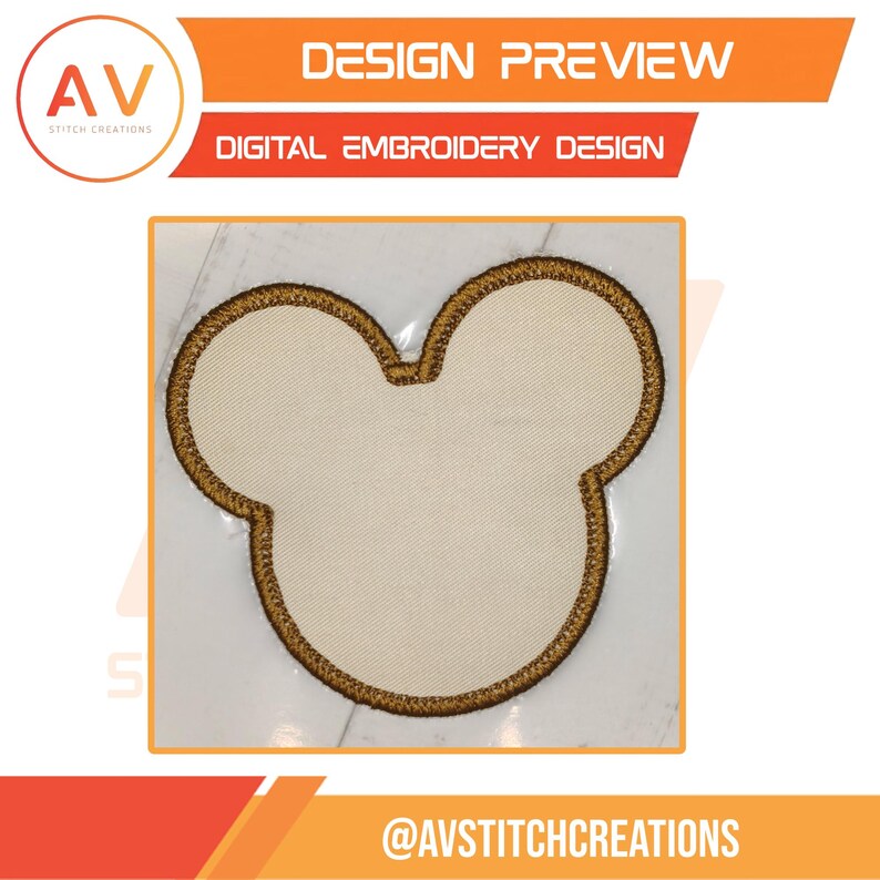 May include: A blank, off-white fabric patch shaped like a mouse head with two rounded ears. The patch features a thick, dark gold embroidered border. The image includes the text DESIGN PREVIEW, DIGITAL EMBROIDERY DESIGN, and AVSTITCHCREATIONS.