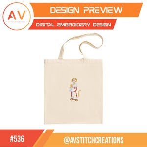 May include: Cream-colored tote bag featuring an embroidered meerkat in a robe. The bag has a simple design with long handles. The top banner reads "DESIGN PREVIEW" and "DIGITAL EMBROIDERY DESIGN". The bottom banner has the text "#536" and "@AVSTITCHCREATIONS".