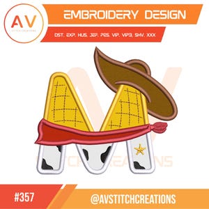 May include: An embroidery design featuring the letter "M" in a cowboy theme. The letter is yellow with a brown cowboy hat on top and a red bandana. The bottom of the letter has a cowhide pattern. The design includes the text "EMBROIDERY DESIGN" and "AVSTITCHCREATIONS".