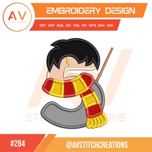 May include: Embroidery design featuring a stylized letter "S" with a scarf in red and yellow, a lightning bolt, and a wand. The design includes the text "EMBROIDERY DESIGN" and the logo of "AV STITCH CREATIONS".
