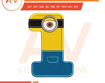 Yellow Buddy Number 1 Birthday Boy Applique Machine Embroidery Design, PES JEF DST 4x4 5x7 8x8