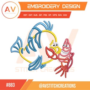 May include: An embroidery design featuring a cartoon fish in yellow and blue, and a red and pink crab. The design includes the text "EMBROIDERY DESIGN" and the number "#883". The logo for AV Stitch Creations is also present.