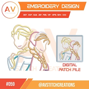 Pode incluir: Um arquivo de design de bordado digital com duas figuras estilizadas com cabelo trançado. Uma figura tem cabelo loiro e roupa azul, a outra tem cabelo castanho, uma faixa rosa e roupa rosa. Texto: EMBROIDERY DESIGN, AV STITCH CREATIONS, #059 e formatos.
