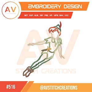 May include: An embroidery design featuring Peter Pan in a flying pose. The design is outlined in green and tan, with a red and green hat. The image includes the text "EMBROIDERY DESIGN" and the logo for AV Stitch Creations.