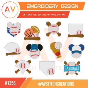 May include: A digital embroidery design file set featuring various baseball-themed graphics including baseballs, bats, home plates, and mouse-ear silhouettes. The text reads EMBROIDERY DESIGN, DST, EXP, HUS, JEF, PES, VIP, VIP3, SHV, XXX, #1356, and @AVSTITCHCREATIONS.