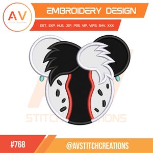 Pode incluir: Um design de bordado com uma cabeça de personagem estilizada com detalhes em preto, branco e vermelho. O design inclui o texto "EMBROIDERY DESIGN" e o logotipo da "AV STITCH CREATIONS". O design está rotulado com o número "#768".