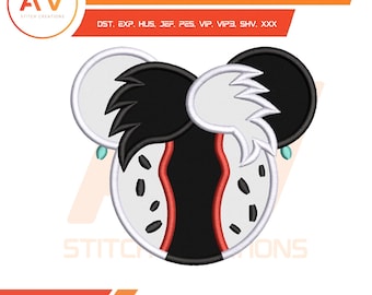 Dottie Noir Mouse Ears Fashion Villain Dalmatian Spots Applique Machine Embroidery Design, PES JEF DST 4x4 5x7 8x8