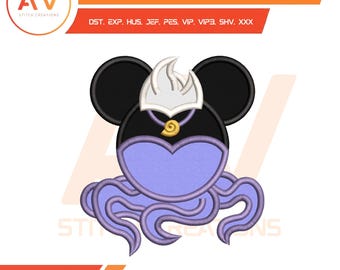 Sea Enchantress Mouse Ears Deep Sea Villain Tentacles Applique Machine Embroidery Design, PES JEF DST 4x4 5x7 8x8