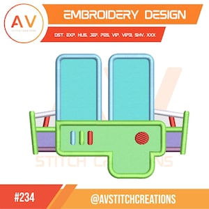 May include: An embroidery design of a cartoon space pack in green, blue, red, and purple. The design includes the text "EMBROIDERY DESIGN" and the logo of "AV STITCH CREATIONS". The design is labelled with the number "#234".