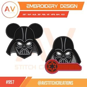 May include: An embroidery design featuring two black helmeted character heads, one with mouse ears, and a red circular emblem with a central star. Text includes EMBROIDERY DESIGN, file formats DST, EXP, HUS, JEF, PES, VIP, VIP3, SHV, XXX, #957, and @AVSTITCHCREATIONS.