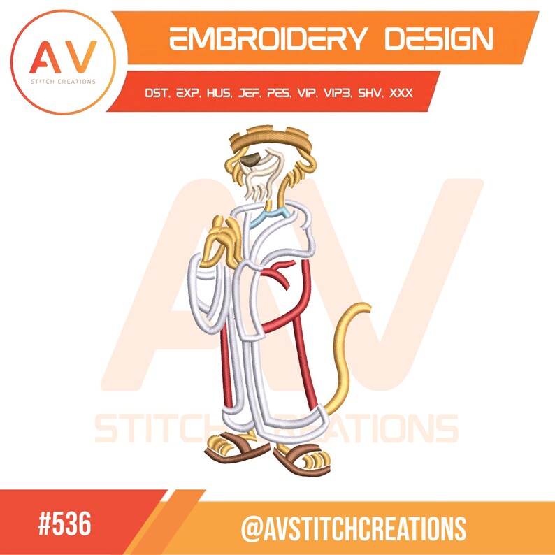 May include: Embroidery design featuring a cartoon character with a lion's head, wearing a white robe with red accents and sandals. The design includes the text "EMBROIDERY DESIGN" and the logo of AV Stitch Creations. The design is labeled with the number #536.