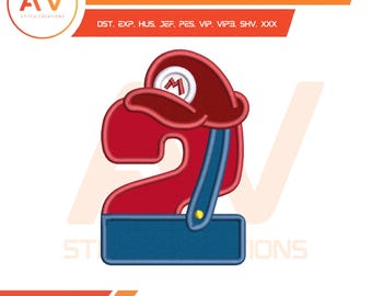 Number Two Plumber Hero Applique Machine Embroidery Design, Video Game Birthday File, PES JEF DST 4x4 5x7 8x8