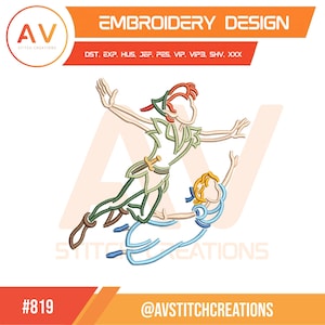 Puede incluir: Diseño de bordado que representa a Peter Pan y Wendy volando. Peter Pan está dibujado en verde, blanco y marrón, mientras que Wendy está en azul y amarillo. El diseño incluye el texto "EMBROIDERY DESIGN", con "AV STITCH CREATIONS" y "@AVSTITCHCREATIONS" también visibles.