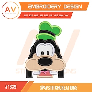 May include: An embroidery design featuring a cartoon character with a green hat, black ears, a tan snout, and two prominent white teeth. The text reads EMBROIDERY DESIGN, DST, EXP, HUS, JEF, PES, VIP, VIP3, SHV, XXX, #1339, and AVSTITCHCREATIONS.