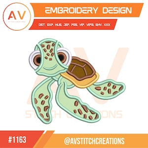 May include: An embroidery design of a cartoon sea turtle with a light green body, brown shell, and large eyes. The design includes the text "EMBROIDERY DESIGN" and the logo of "AV STITCH CREATIONS". The design is labeled with the number "#1163".