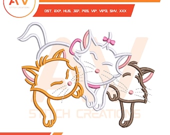 Tres gatitos juguetones con lazos rosas y azules, diseño de bordado a máquina de gatos parisinos, PES JEF DST 4x4 5x7 8x8